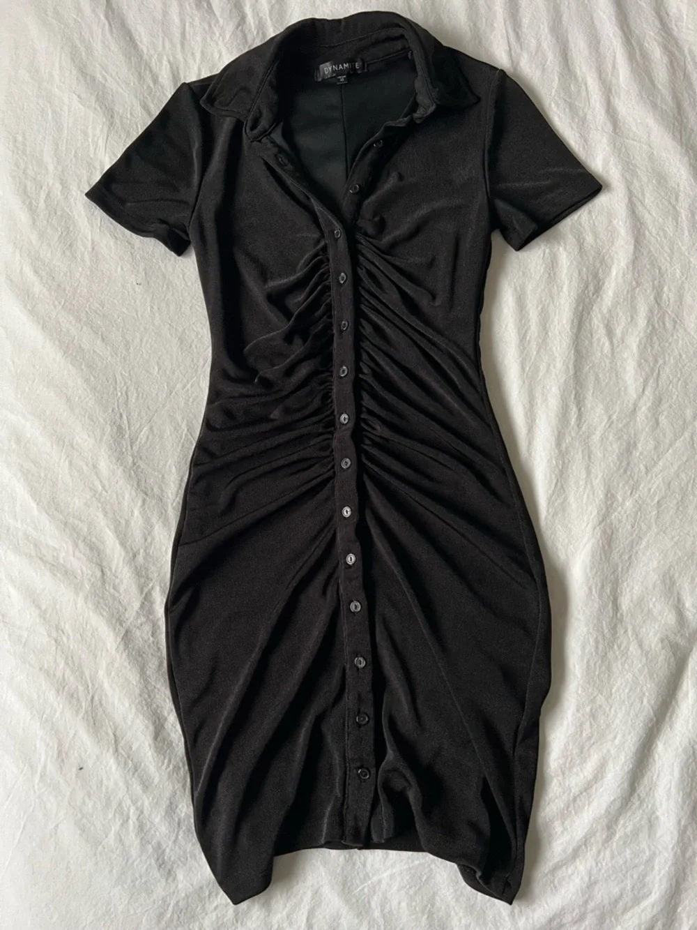 Dynamite Black Ruched Button-Front Midi Dress - Picture 1 of 5